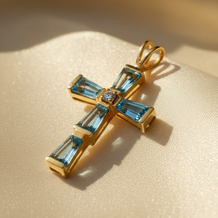 14K yellow gold cross pendant with baguette-cut blue topaz arms and round brilliant diamond center, angle 3