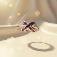 14K White Gold Ruby & Diamond Crossover Ring - Top View