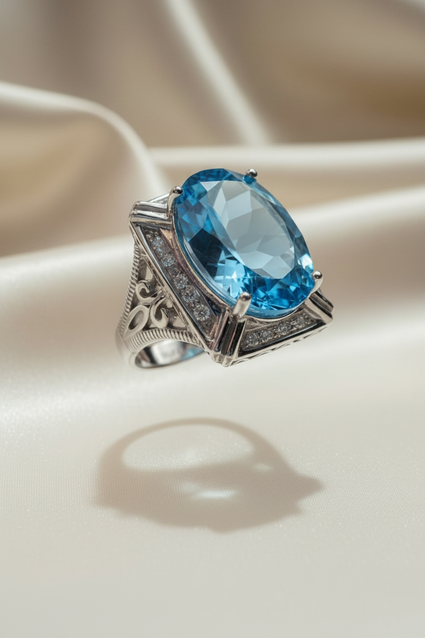 10K white gold oval blue topaz and diamond ring elevated front view