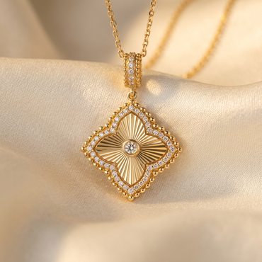 DOV 18K yellow gold diamond fluted quatrefoil pendant, close front view
