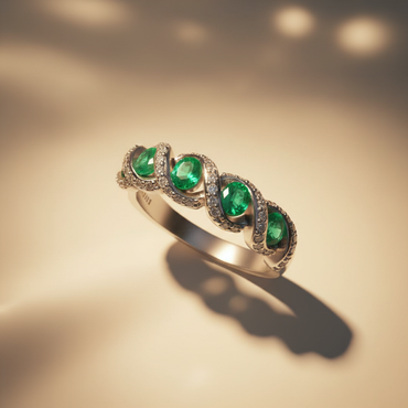 14K White Gold Emerald & Diamond Five-Stone Serpentine Ring - editorial three quarter