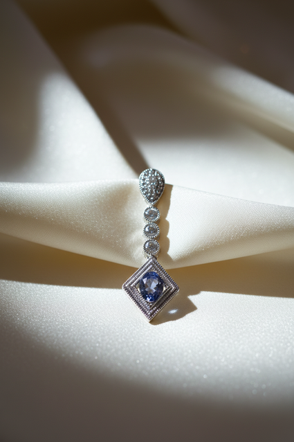 14K White Gold Diamond & Oval Tanzanite Art Deco Drop Pendant - Front View
