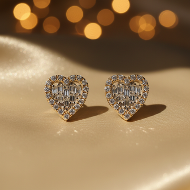 10K white gold diamond heart stud earrings with baguette center and round brilliant pavé border, angle 1