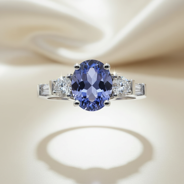 14K White Gold 1.14ct Oval Tanzanite Three-Stone Ring - Front View