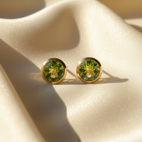 14K white gold round peridot bezel stud earrings 5mm - editorial marketing image 3