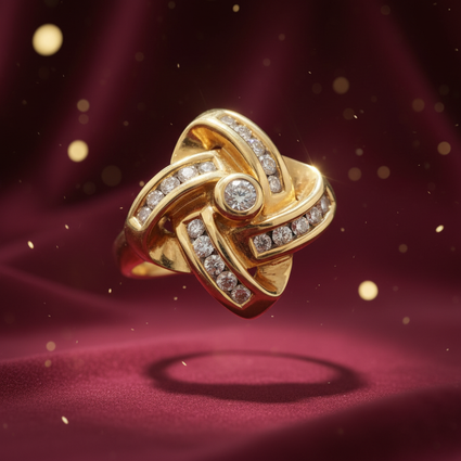14K yellow gold diamond love knot ring luxury editorial marketing photo