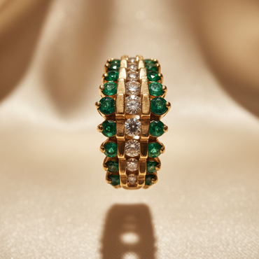 14K yellow gold created emerald and diamond three-row cluster ring, side profile view