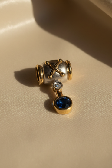 14K Two-Tone Gold Sapphire & Diamond Dangle Pendant – Front View