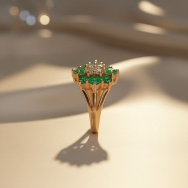 14K Yellow Gold Emerald & Diamond Cluster Ring - marketing image 3
