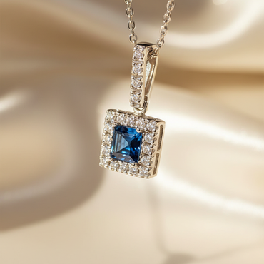 14K White Gold Blue Sapphire Square Halo Pendant - Editorial Angle