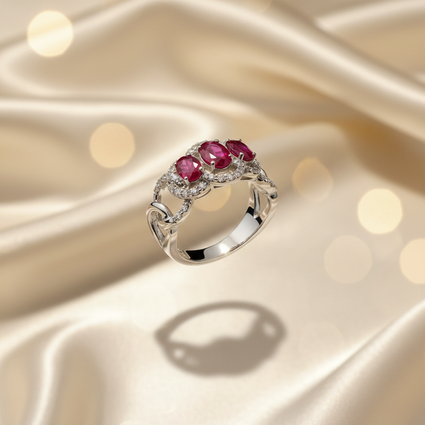 14K White Gold Three-Stone Oval Ruby & Diamond Halo Ring - Side View