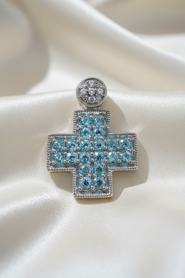 14K white gold blue topaz and diamond square cross pendant, front view