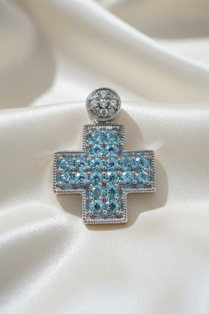 14K white gold blue topaz and diamond square cross pendant, front view