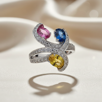 18K White Gold Three-Sapphire Pavé Diamond Swirl Ring — Front View