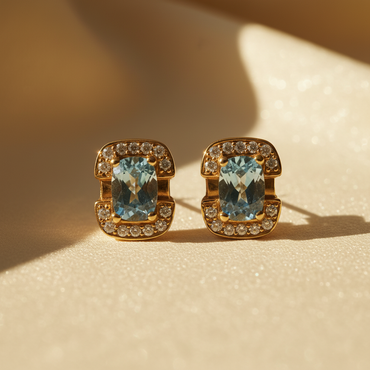 18K yellow gold aquamarine and diamond halo post earrings - editorial marketing image 2