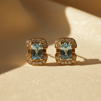 18K yellow gold aquamarine and diamond halo post earrings - editorial marketing image 2