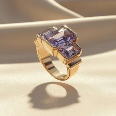 10K Yellow Gold Three-Stone Bezel Amethyst Ring — Three-Quarter View