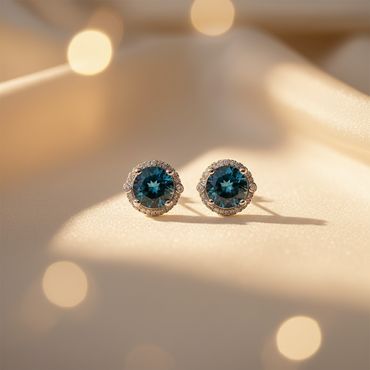 10K white gold London blue topaz and diamond halo stud earrings - editorial marketing image 3