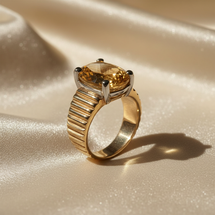 14K Two-Tone Gold 1.75ct Oval Citrine Ribbed Band Ring - side profile