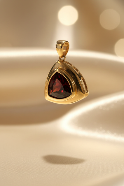 14K yellow gold trillion garnet slide pendant three-quarter view