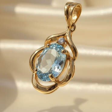 14K Yellow Gold Aquamarine & Diamond Swirl Pendant – Three-Quarter View
