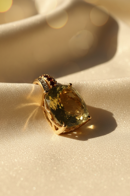 14K Yellow Gold Olive Quartz & Garnet Pendant - Front View