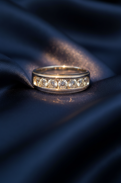 10K White Gold Men's Five-Stone Diamond Band Ring on midnight blue silk backdrop editorial marketing image