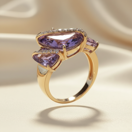 14K Yellow Gold Amethyst Three-Stone Bypass Ring - Side Profile View