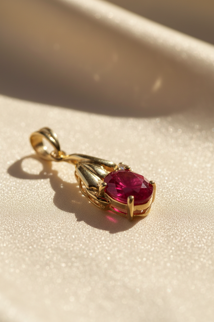 14K Yellow Gold Oval Ruby & Diamond Pendant - angle 2