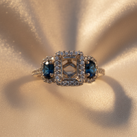 14K White Gold Sapphire & Diamond Three-Stone Halo Semi-Mount - editorial top down