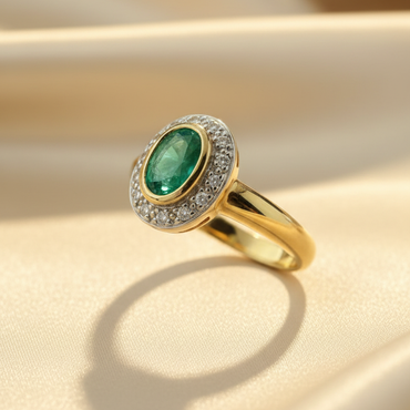 14K yellow gold oval emerald bezel-set diamond pavé halo ring, elevated front view