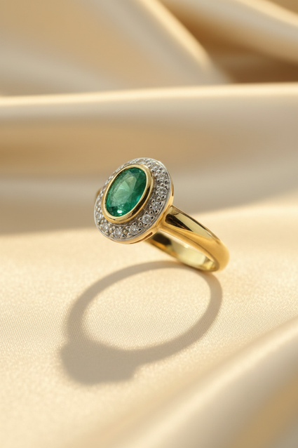 14K yellow gold oval emerald bezel-set diamond pavé halo ring, elevated front view