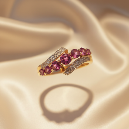 14K Yellow Gold Five-Stone Graduating Pink Tourmaline Ring with Diamond Pavé Bypass Shank - Top View
