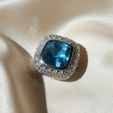 18K White Gold Cushion Blue Topaz & Diamond Plaque Pendant - Front View