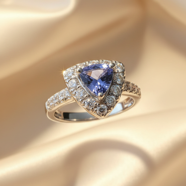 18K white gold trillion tanzanite and .36ctw diamond halo ring, front view