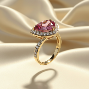14K Yellow Gold Diagonal Pear-Cut Pink Tourmaline Ring with Diamond Halo - Three-Quarter View