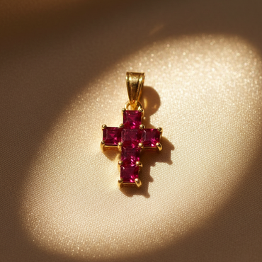 18K Yellow Gold Ruby Cross Pendant - editorial 2:3
