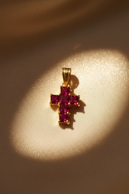 18K Yellow Gold Ruby Cross Pendant - editorial 2:3
