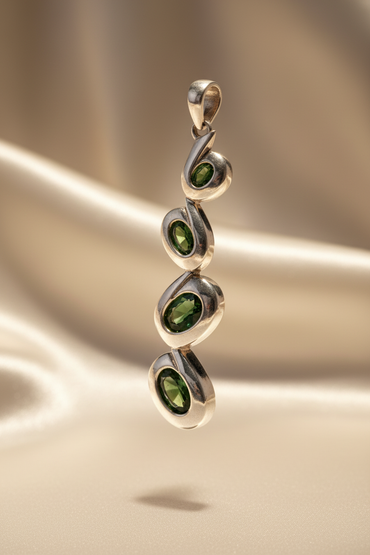 Sterling Silver Green Stone Triple Drop Pendant - Three-Quarter View