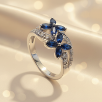 14K White Gold Double Marquise Blue Sapphire Flower Ring with Diamond Pavé Bypass Shank - Three-Quarter View