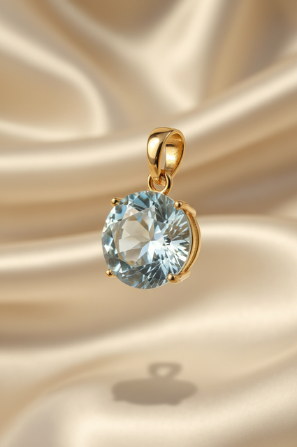 14K yellow gold 8mm round aquamarine solitaire pendant, elevated view