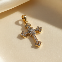 10K yellow gold natural diamond ornate trefoil cross pendant with round brilliant pavé diamonds, angle 3