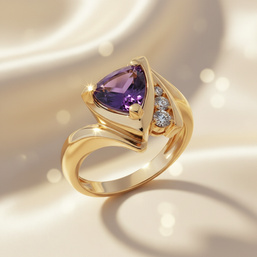 14K Yellow Gold Trillion Amethyst Diamond Bypass Ring — Three-Quarter View