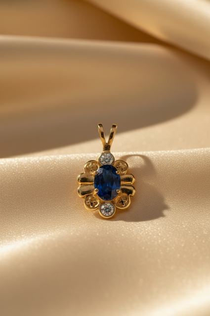 14K Yellow Gold Oval Sapphire & Diamond Pendant – Front View
