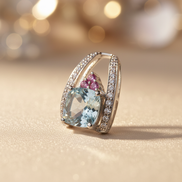 14K White Gold Aquamarine Pink Sapphire & Diamond Pendant - editorial three-quarter