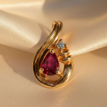 14K Yellow Gold Pear Ruby & Diamond Pendant - angle 2
