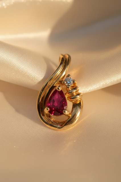 14K Yellow Gold Pear Ruby & Diamond Pendant - angle 2