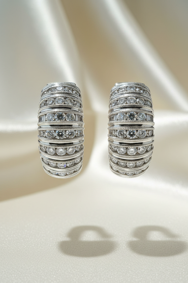 14K White Gold Diamond Multi-Row Huggie Hoop Earrings – Face View