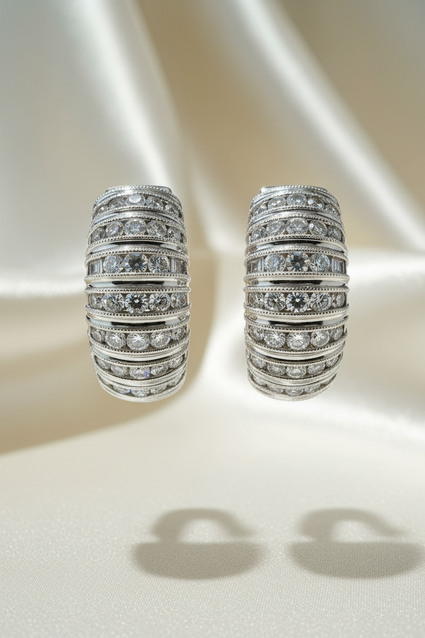 14K White Gold Diamond Multi-Row Huggie Hoop Earrings – Face View