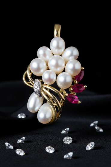 Yellow gold freshwater pearl cluster and ruby pendant - full view